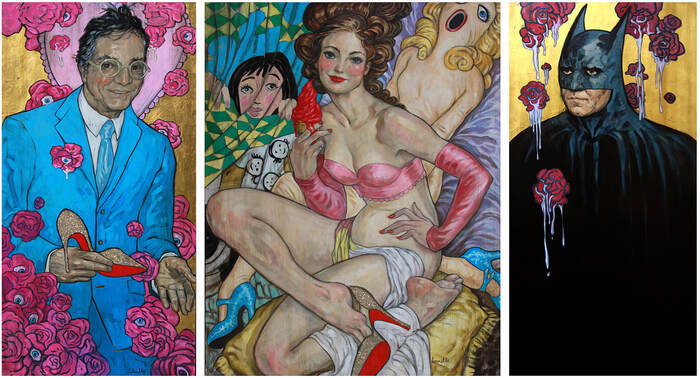 A painted tryptic by Rebecca Leveille Guay 'Maenads'(Unrealism). Deitch and Gagosian flank a reimagined John Currin painting.